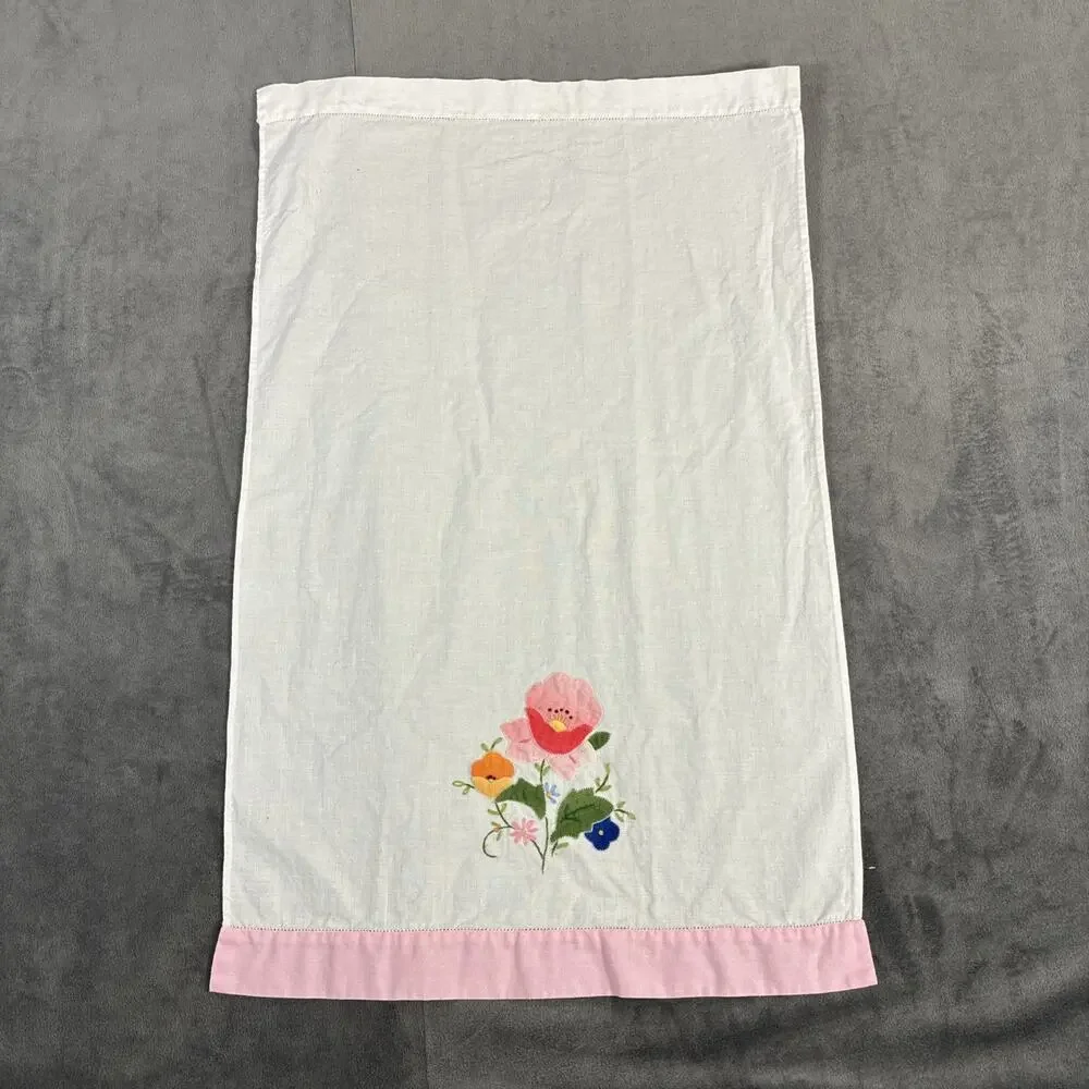 5 Vintage Floral Hand Embroidery Appliqué Cotton Guest Towels Pink Trim Charity